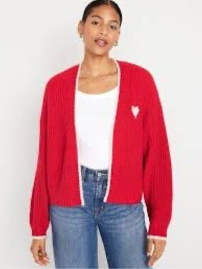 Old Navy Red Open-Front Ribbed Cardigan with White Trim